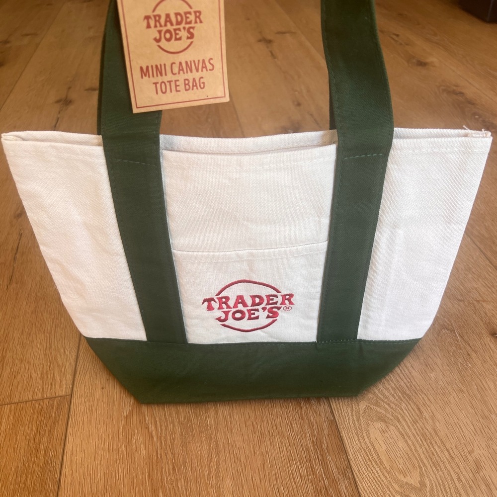Trader Joe's Mini Canvas Tote Bag Forest Green Cream NWT Collectible Limited Ed.